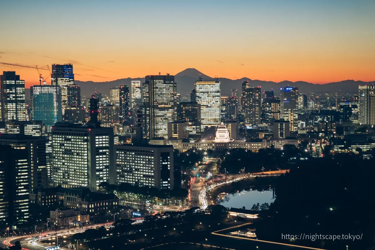 Illuminated National Diet Building and Mount Fuji