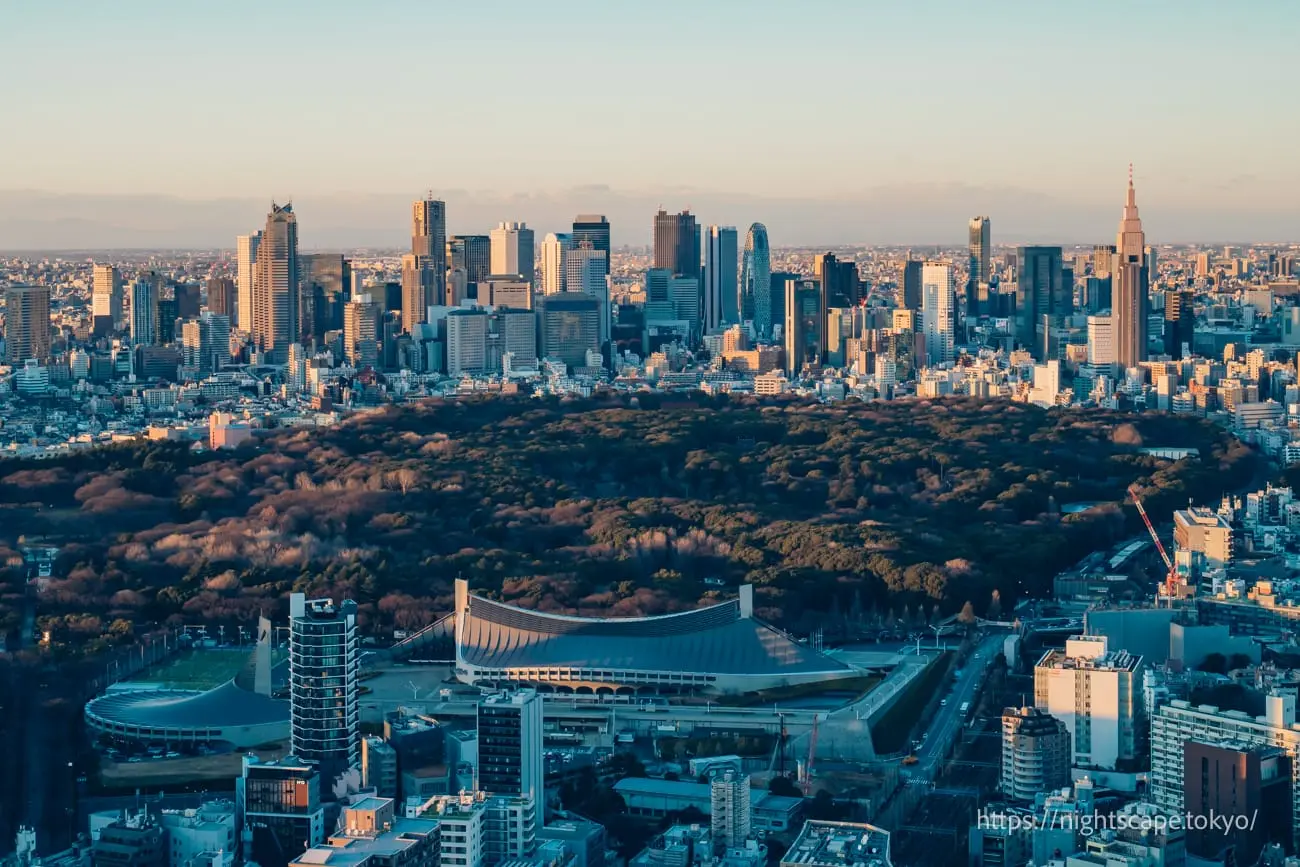 Evening view of Shinjuku skyscrapers and Shinjuku Gyoen