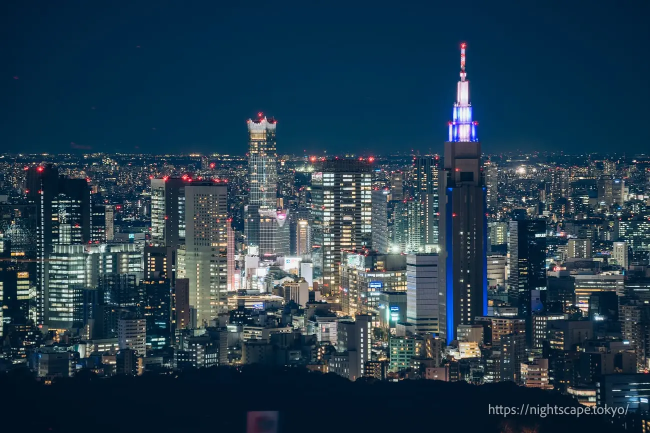 Illuminated Docomo Tower and Shinjuku cityscape