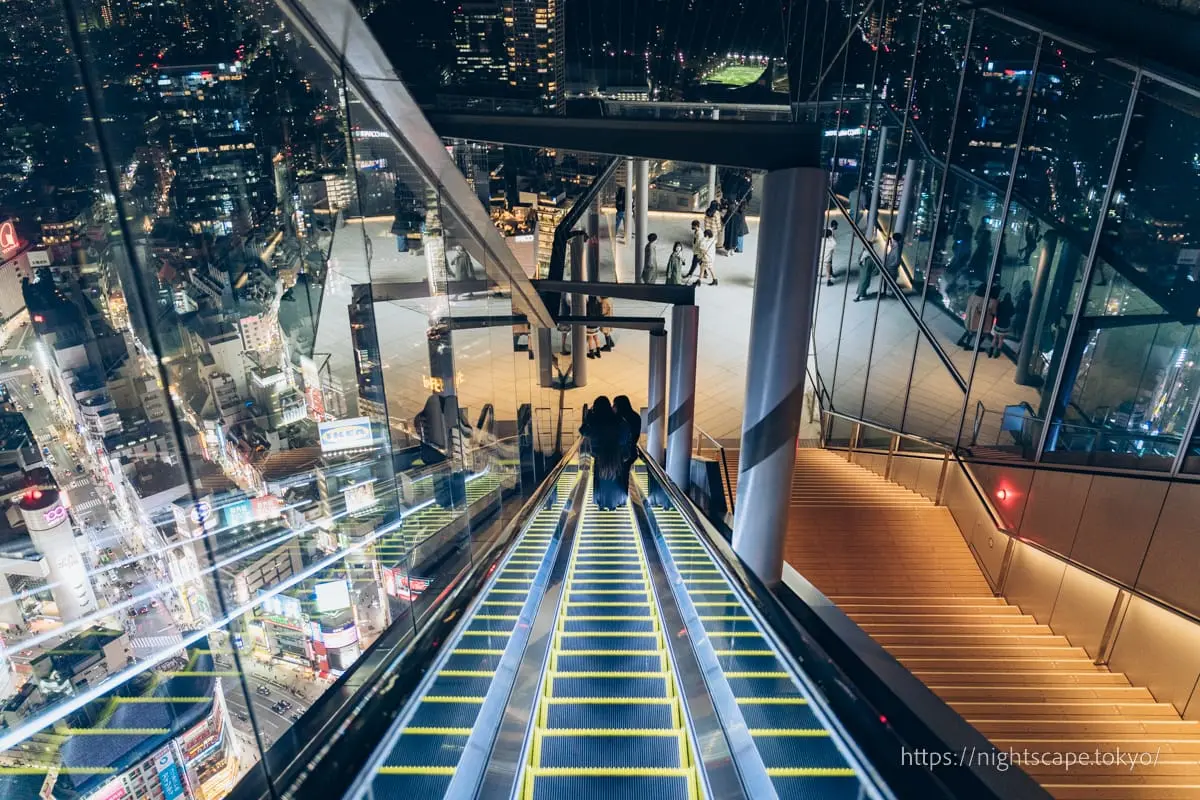 Outdoor escalator connecting Shibuya Sky 46th and 47th floors