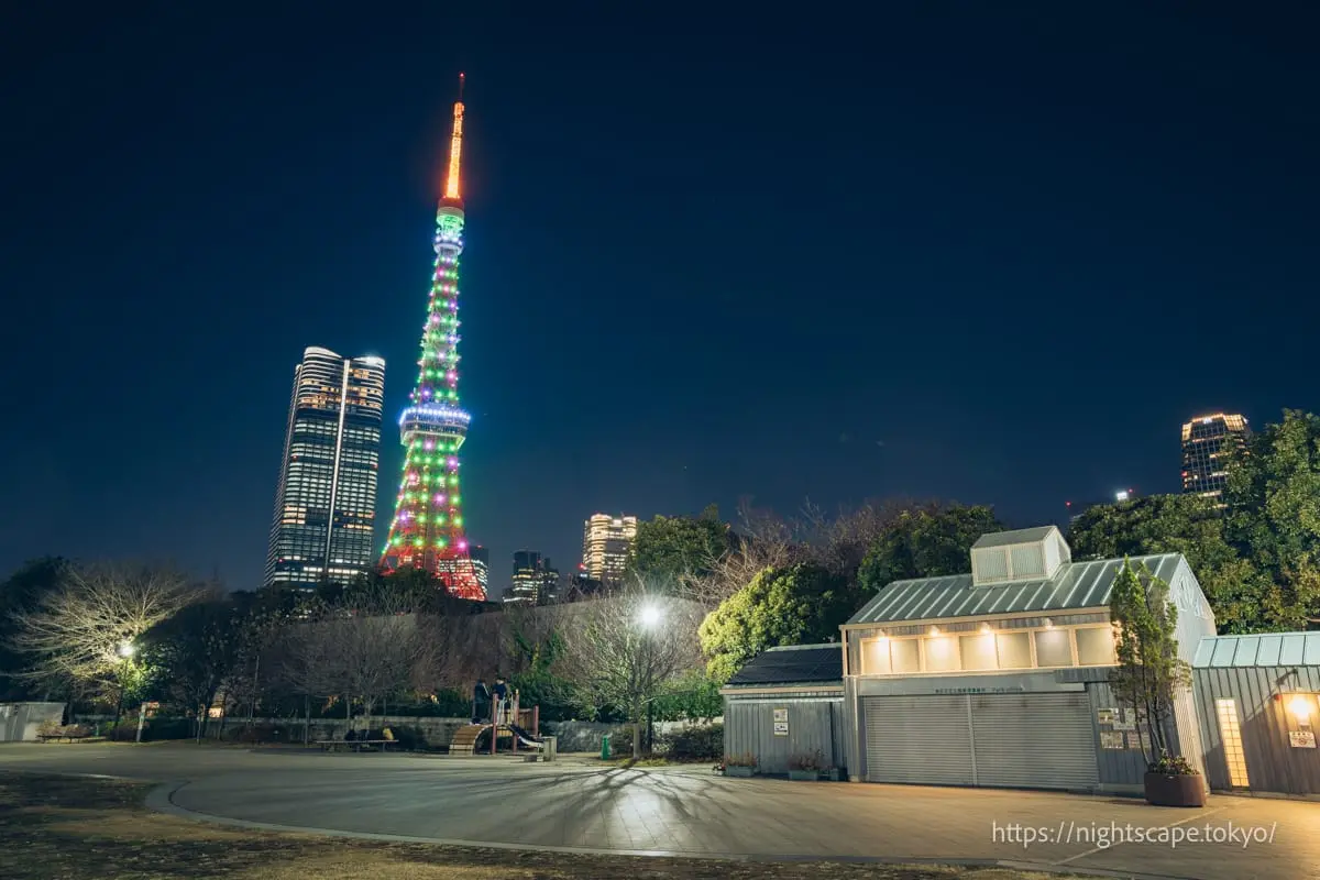 芝公園1号地から眺める東京タワー（クリスマス特別ライトアップ）