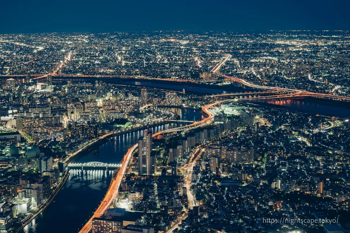 Night view of Kitasenju, Ayase area and Sumida River, Arakawa River
