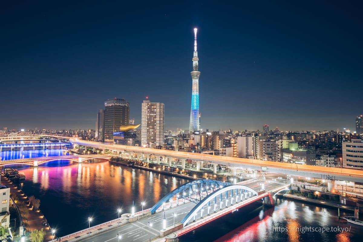 Illuminated Tokyo Sky Tree and the streets of Asakusa