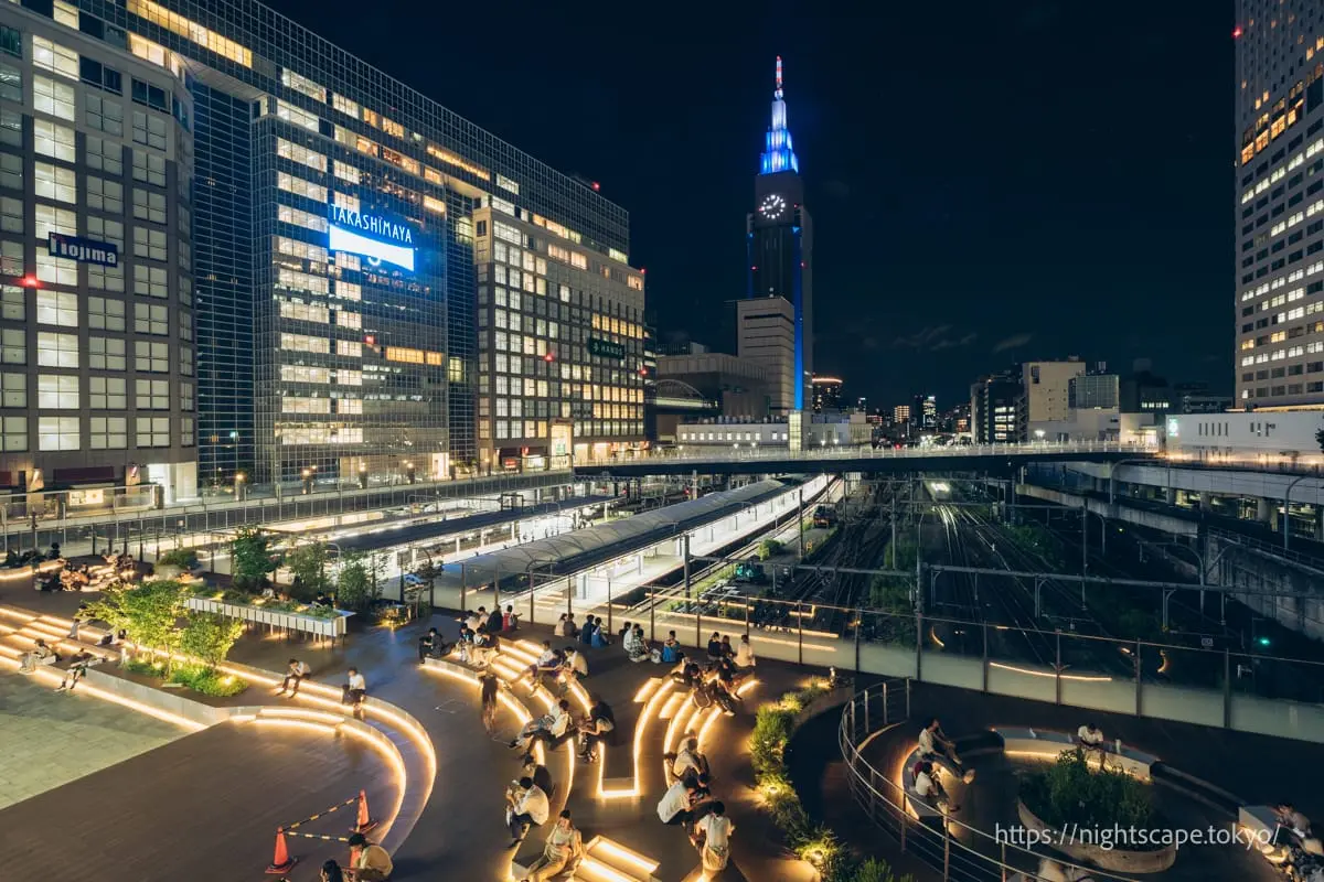 Night view of Suica Penguin Square at Busta Shinjuku