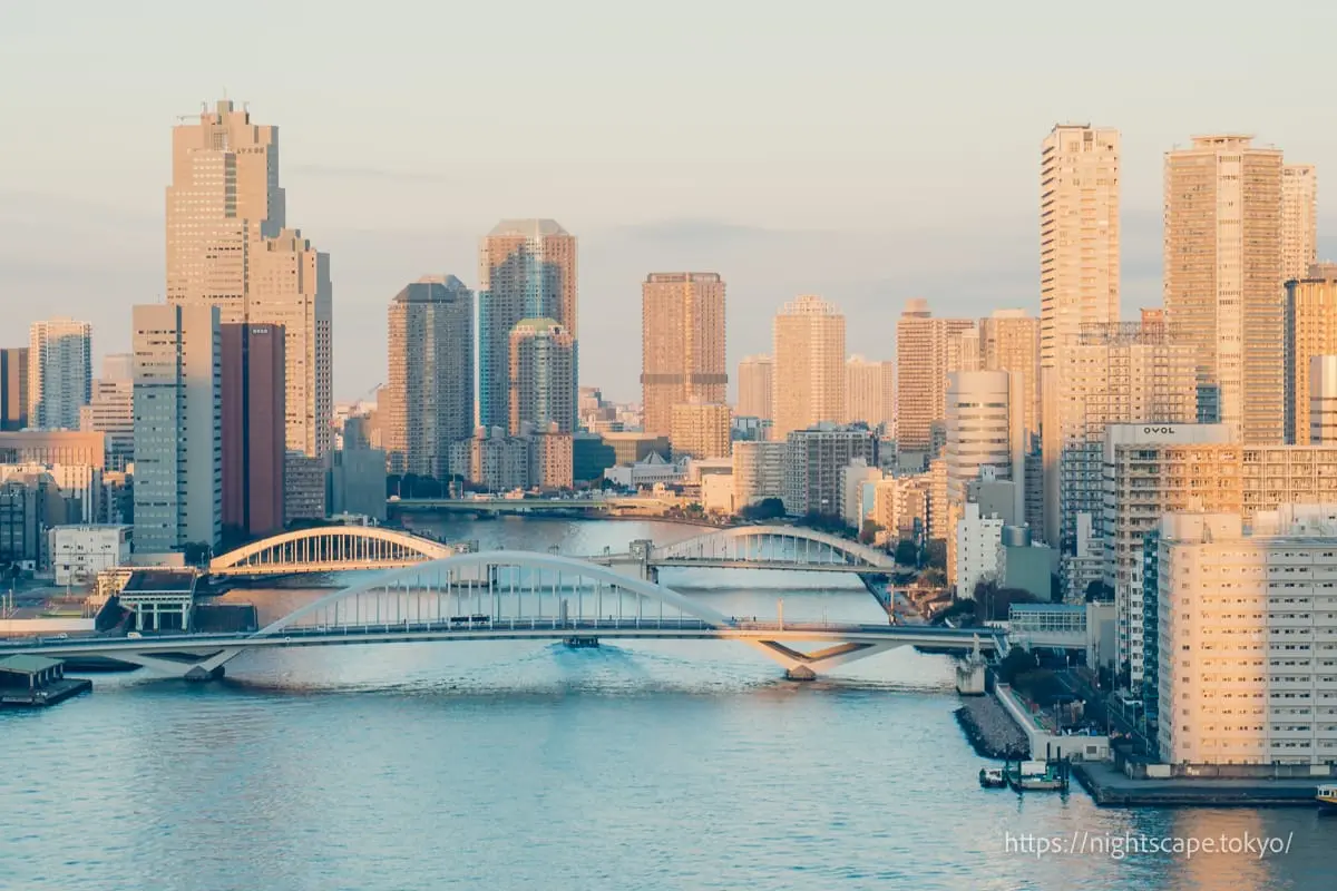 Tsukiji Bridge and Kachidoki Bridge spanning the Sumida River