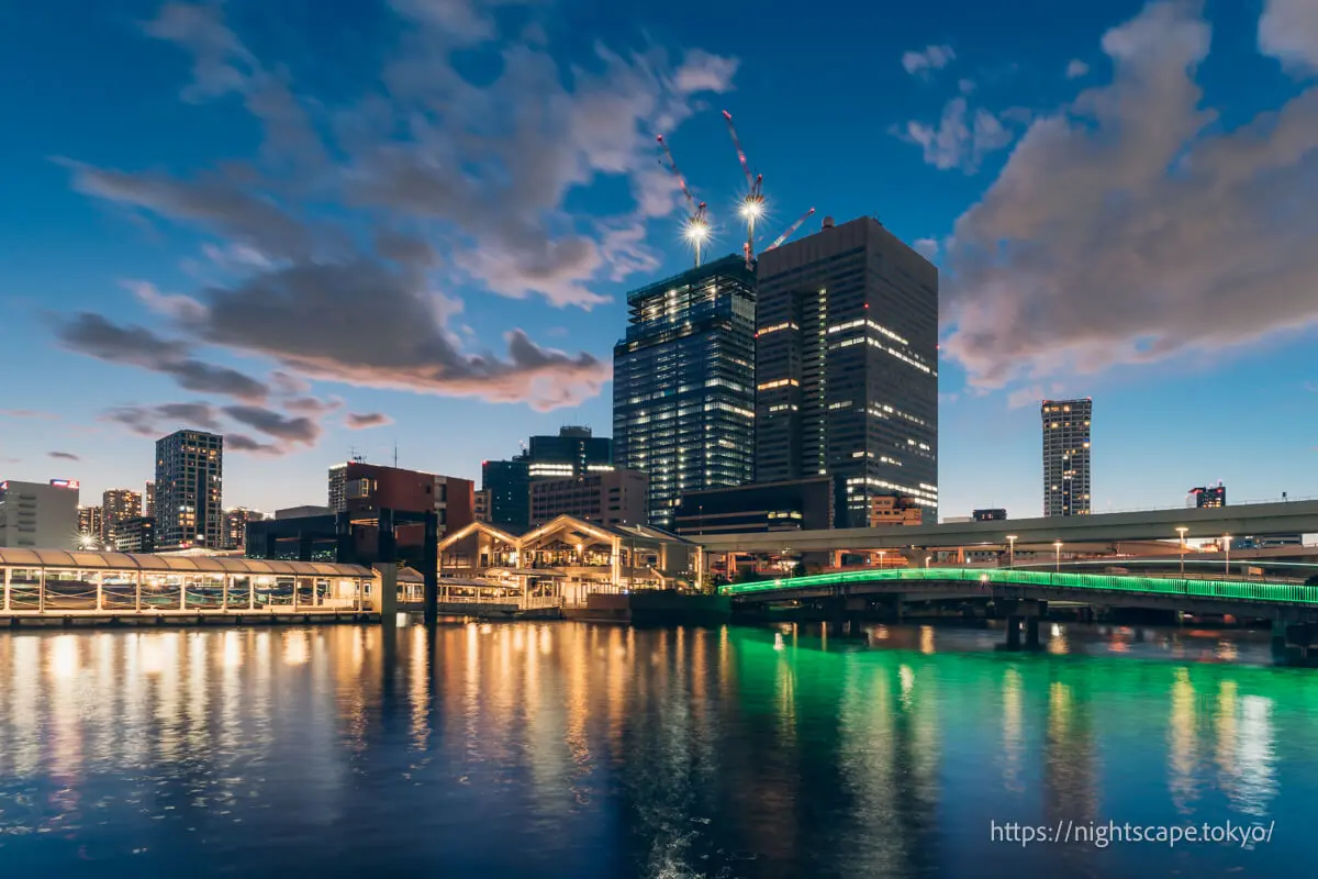 Illuminated Takeshiba Pier connecting bridge