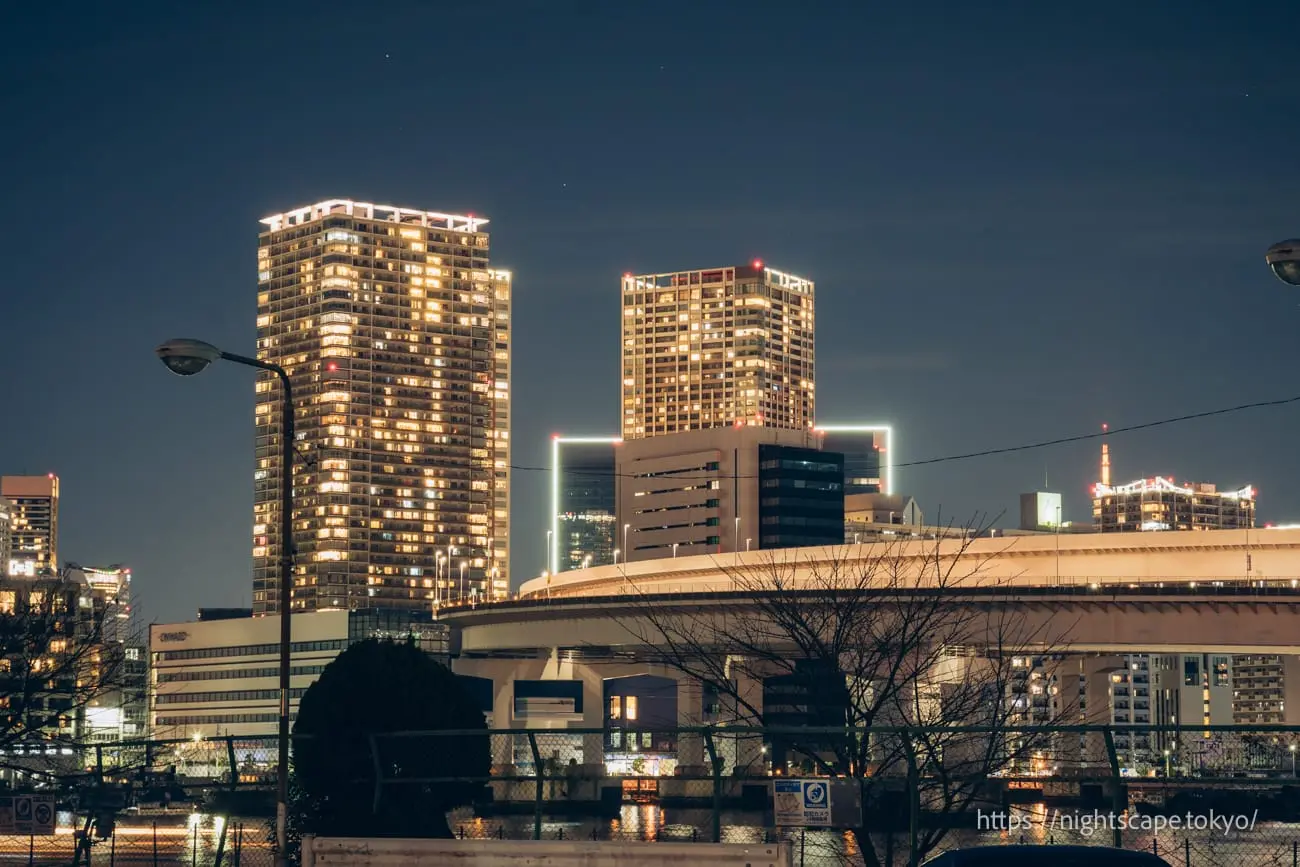 彩虹大橋環形橋與港區方面的夜景