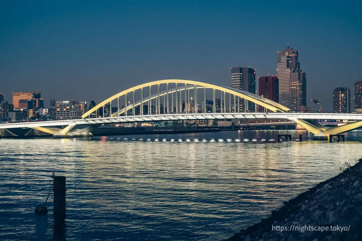 Tsukiji Bridge lit up in yellow