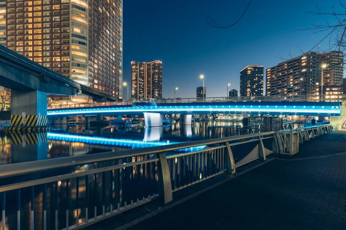 Nagisa Bridge illuminated in blue
