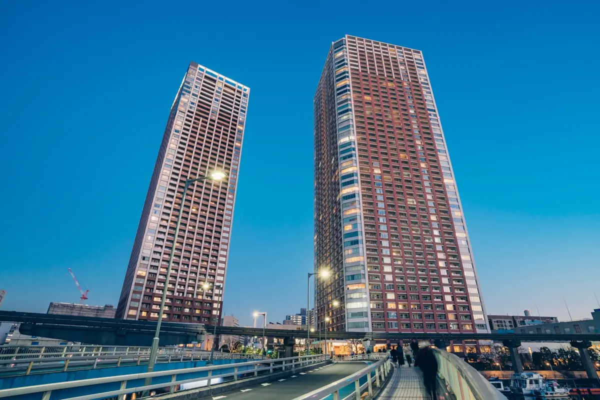 View of Shibaura Island buildings from atop Nagisa Bridge