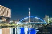 Illuminated Fureai Bridge and Tokyo Skytree