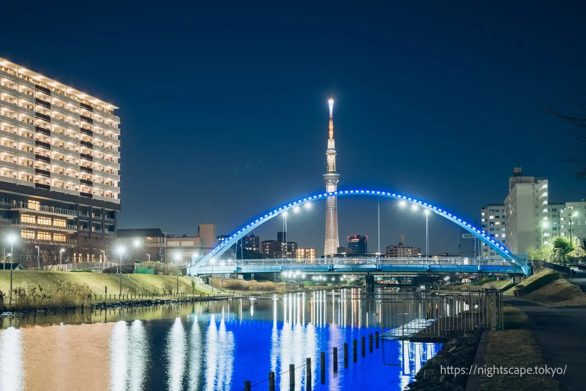 Night view from Old Nakagawa Riverbank and Fureai Bridge