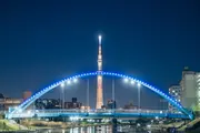 Illuminated Fureai Bridge and Tokyo Skytree