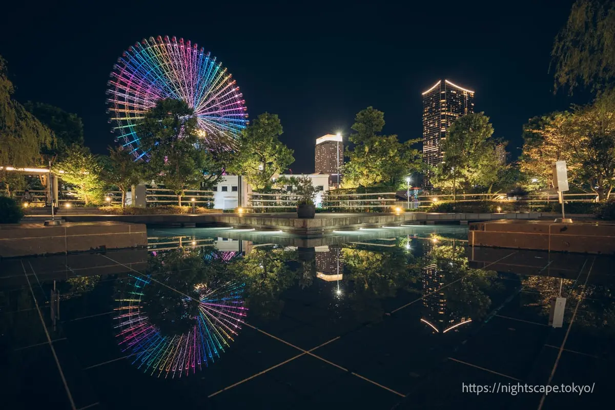 夜景倒映在皇后公园池塘中的景象
