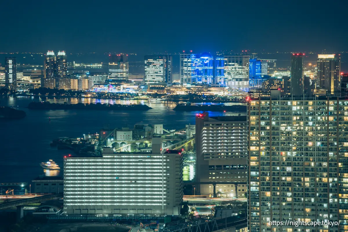 富士电视台等建筑林立的台场区域夜景