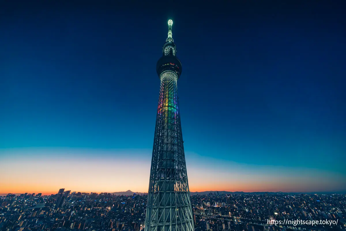Tokyo Skytree illuminated in rainbow colors with special lighting